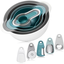 Esie Houzie Mixing Bowl Set, 13 Piece Plastic Nesting Bowls Set Includes 2 Mixing Bowl, 1 Colander, 1 Sifter, 4 Measuring Cups and 5 Stackable Kitchen Gadgets Space Saving for Kitchen Cooking Baking