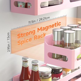 Sevenblue 4-Pack Magnetic Spice Rack for Refrigerator with Hooks, Pink | Strong multipurpose magnetic shelf for kitchen & bathroom organization. Includes