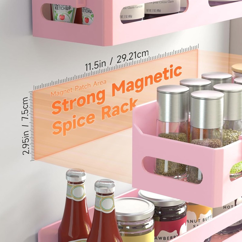 Sevenblue 4-Pack Magnetic Spice Rack for Refrigerator with Hooks, Pink