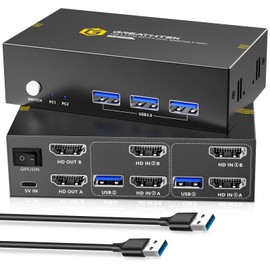 USB3.0 HDMI KVM Switch Dual Monitor 2 Port, 4K@60HzKVM Switches, 2 PC 2 Monitor Switch,HDMI2.0,HDCP2.2, KVM Switch 2 Monitors, 3 USB3.0 ports, Shared Multiple USB3.0 Devices