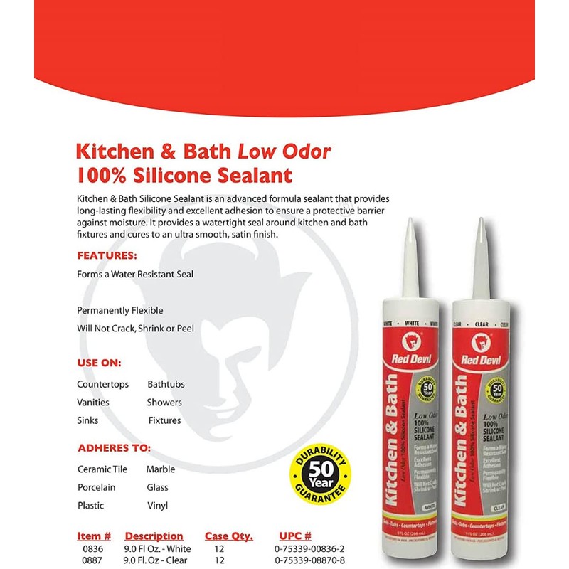 Red Devil 0836 Kitchen & Bath Low Odor Silicone Sealant,