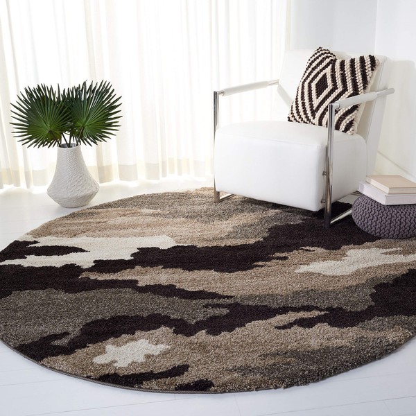 SAFAVIEH Florida Shag Collection SG453 Camouflage Non-Shedding Living Room Bedroom Dining Room Entryway Plush 1.2-inch Thick Area Rug, 6'7" x 6'7" Round, Beige / Multi
