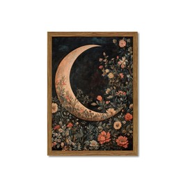 Vintage Floral and Moon Wall Art, Dark Flower Wall Decor Paintings, 3D Texture Hand Drawn Sandstone William Morris Cottagecore Artwork for Bedroom Living Room 24x16 inch Wood Framed