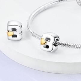 PARCOM S925 Sterling Silver Charms for Bracelets and Necklaces, Letter Charms A-Z for Bracelet Necklace with Golden Heart Initial Beads Pendant Jewellery Bracelets for Women Birthday Ceremony
