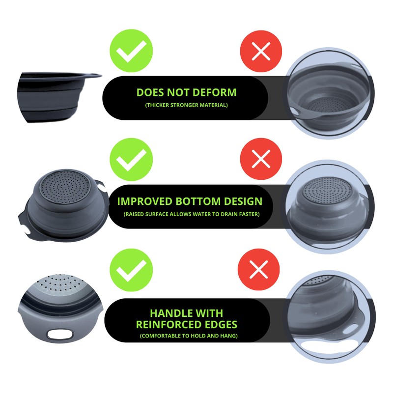 Small Food Strainer for Kitchen - Black Silicone Colander with