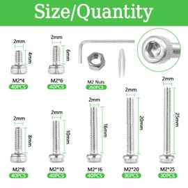 520PCS M2 Screw Assortment Kit, M2x4/6/8/10/16/20/25 mm M2 Screw Kits, Metric Hex Socket Head Cap Screws, Nuts and Flat Washers, Stainless Steel Machine Screws with Hex Wrench