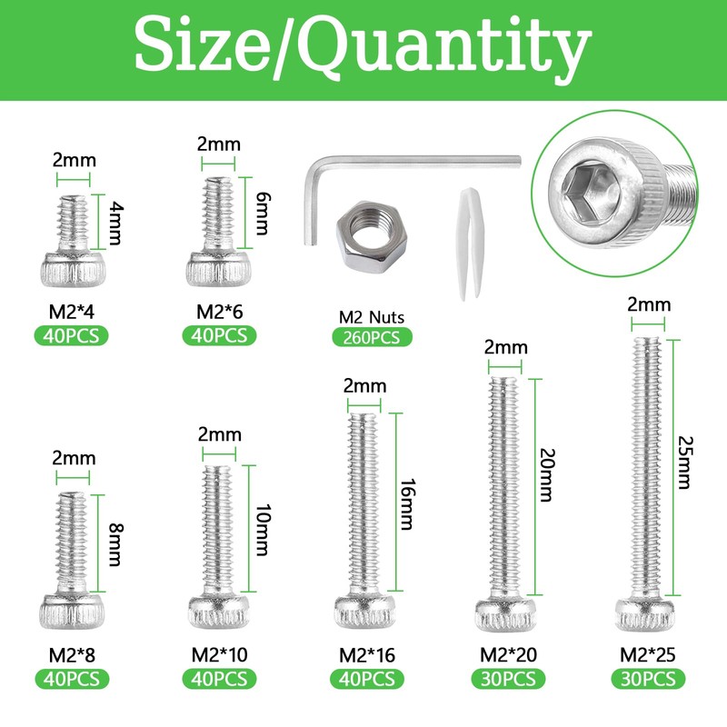 520PCS M2 Screw Assortment Kit, M2x4/6/8/10/16/20/25 mm M2 Screw Kits,