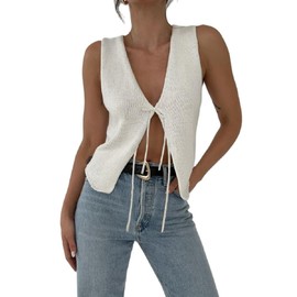 KMBANGI Women Y2K Crochet Vest Top Tie Front Knit Sleeveless Tank Top V Neck Button Down Crop Top Streetwear