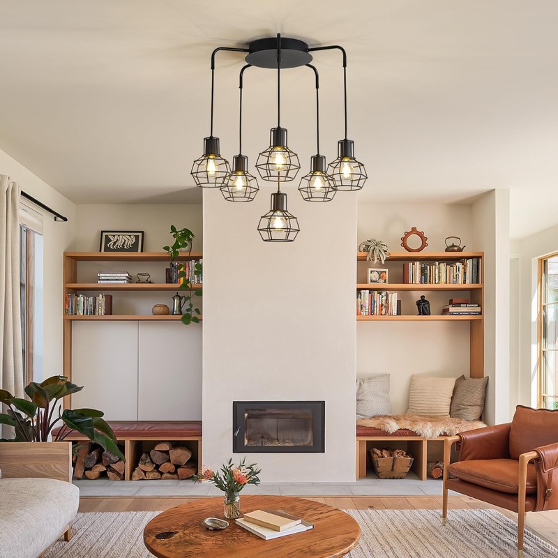 6-Light Pendant Light Fixtures, Industrial Farmhouse Hanging Lighting, Black Metal
