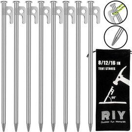 8 Pack Tent Stakes Heavy Duty 12 inch Steel Tent Pegs for Camping Unbreakable and Inflexible-Silver
