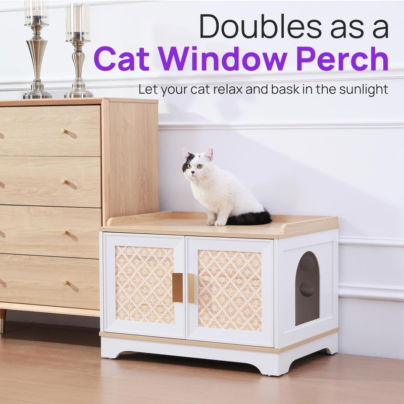 Boho Cat Litter Box Enclosure, Hidden Cats Washroom with Woven