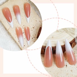 BABALAL Long Stiletto Press on Nails - Acrylic Fake Nails Art, White French Tip Glue on Glossy Almond False Nails Supplies 24Pcs Manicure Diy Stick on Artificial Nails