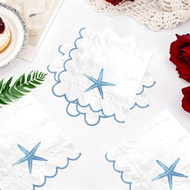 100 Pcs Starfish Light Blue Scalloped Paper Napkins 6.5 x 6.5 Inch 3 Ply