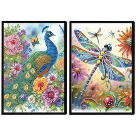JISHSHAY 2 Pcs A5 Diamond Painting Notebook Peacock Dragonfly Diamond Art Journal with Leather Cover Special Shaped Rhinestone Adult Craft Kits Sketch Book Drawing Book