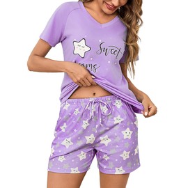 Litherday Women's Summer Pajamas Cotton Pajamas Women's Short Pyjamas Two Piece Pajamas for Women Casual Home Soft and Comfortable Pajamas Women, Light Purple, L