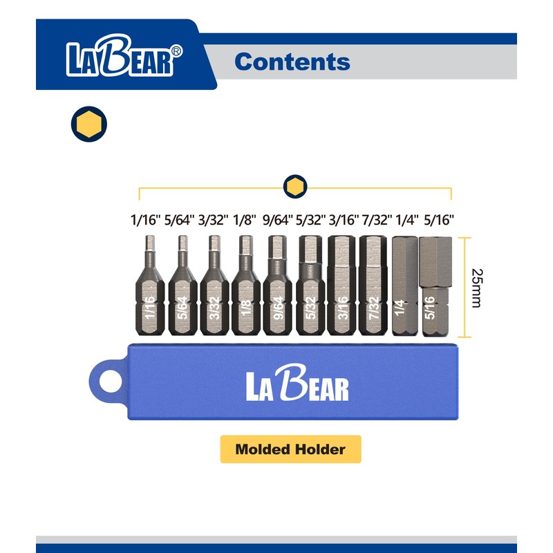 LABEAR -10-Piece SAE Hex Head Allen Wrench Screwdriver Bit Set.