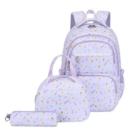 GRUOTEIS 3Pcs Kids Backpack for Girls School Bag, Sunflower Teen Girls Backpack Set with Lunch Bag, T617-Purple