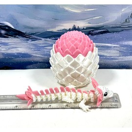 3D Printed Mushroom Baby Dragon with Dragon Egg, Articulated 6" White and Pink Axolotl Dragon, Fidget ADHD Autism Toy BD008WP-WPE