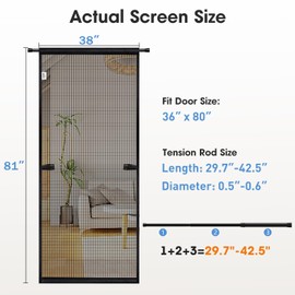 Godwk Hanging Screen Door - Fits Door Size 36" x 80" (Curtain Size 38'' x 81''), Sturdy Fiberglass Door Curtain Has Tension Rod&Hook&Loop Two Ways of Use, Heavy Duty Durable Door Screen