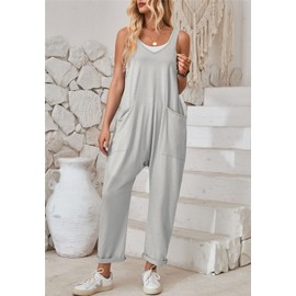 SotRong Casual Jumpsuit for Women Uk Summer Baggy Loose Playsuit Oversized Slouchy Overall Solid Sleeveless V Neck Tank Rompers with Pocket Light Grey L