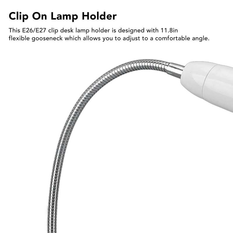 E26/E27 Clip Desk Lamp Holder 5.9ft Cable 11.8in Gooseneck Design