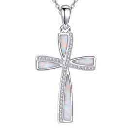 URONE Opal Cross Necklace for Women 925 Sterling Silver White Opal Pendant Christian Jewelry Gifts