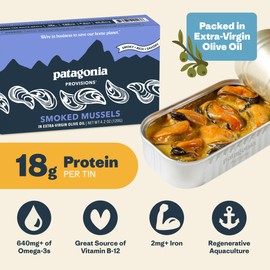 Patagonia Provisions - Smoked Mussels in Extra Virgin Olive Oil | Responsibly sourced | 18g Protein per tin & Gluten Free | Pack of 10