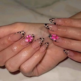 Leopard French Press on Nails Medium Almond Fake Nails Pink Flower Nail Press ons with Gold Pearls Design Reusable Acrylic Nails Glossy Full Cover Glue on Nail Stick on Nails for Women Manicure 24 Pcs