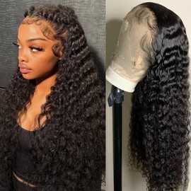 13x6 Water Wave Lace Front Wigs Human Hair Pre Plucked 180% Density Curly Lace Front Wig Wet and Wavy Human Hair Wig 10A Glueless Wear and Go Replacement Wigs Bleached Knots Natural Black 24 Inch