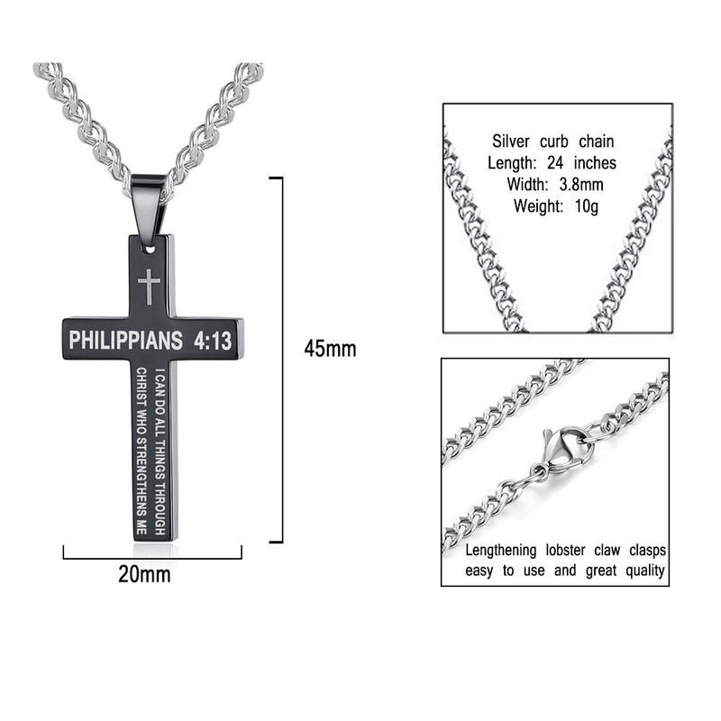 Amison Bible Verse Philippians 4:13 Cross Pendant Necklace Stainless Steel