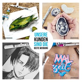 SKULLPAPER Blackliner Set, 8 x Units, Incl. Brushpen, Black, Waterproof, Quick-Drying, Opaque, Highly-Pigmented, For Bullet Journals, Sketches