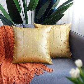 BRAWARM Faux Leather Pillow Covers 16 X 16 Inches, Gold Leather Pillow Covers Pack of 2, Geometric Embroidery Leather Decorative Throw Pillows for Living Room Couch Bed Sofa Home
