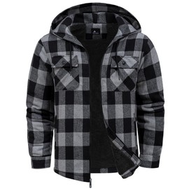 SCODI Mens Flannel Hooded Jacket Sherpa Lined Zip Up Hoodies for Men Plaid Shirt Jackets Warm Thick Fleece Coat with Pocket Gray L