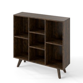 Manora Rustic Brown 7 Cube Mid Century Modern Bookshelf, Wooden Storage Organizer with Open Shelves, Retro Bookcase for Living Room, Bedroom, Home Office