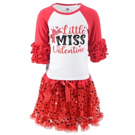 Unique Baby Girls Three Quarter Sleeve Valentines Day Tutu Skirt Set Outfits for Girl Toddler and Big Kids (6Y, Miss Valentine)