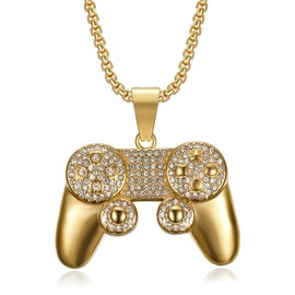 Game Controller Pendant Stainless Steel Punk Rock Necklace for Men Women, 24 Inch Chain Hip Hop Game Console Bling Jewelry Gift (Golden)