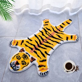 Tiger Shaped Rug Tiger Bath Mat for Bathroom, Yellow Tiger Rug Door Mat Non Slip Cartoon Animal Printed Area Rug Carpet Absorbent Bathtub Rug Playroom Rug Bathroom Shower Rugs,39.5x23.6inch