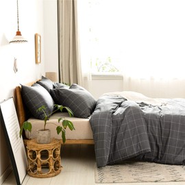 JELLYMONI 100% Natural Cotton 2pcs Plaid Duvet Cover Sets,Black with White Grid Geometric Pattern Printed Comforter Cover,with Zipper Closure & Corner Ties(Twin Size)