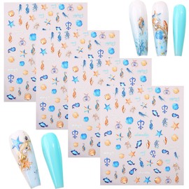 4 Sheets Ocean Life Nail Art Stickers, 5D Embossed Self-Adhesive Starfish and Shell Nail Stickers Summer Sea Theme Design for Women Girls DIY Nail Salons Manicure Decoration