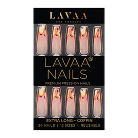 EXOTIC BABE Press-On Nails by Lavaa Beauty | Extra-Long Coffin | Orange Pattern French Tip Nails on Nude Base