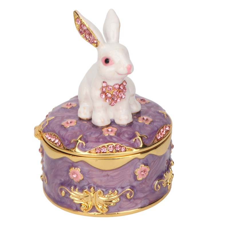 Rabbit Trinket Box Vintage Metal Enamel Antique Floral Engraving Pattern