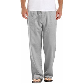 AITFINEISM Men's Casual Cotton Linen Pants Elastic Waist Lightweight Drawstring Summer Pants (42-44, B-Light Grey)