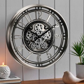 CLXEAST 21 Inch Large Moving Gear Wall Clock,Industrial Steampunk Decor,Decorative Wall Clock for Modern Farmhouse Living Room Decor,Gunmetal Silver Finish