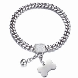 RUMYPET Silver Dog Collar 10MM/14MM/18MM Cuban Link Chain Choke Collar with CZ Buckle,Dog ID Tag and Dog Bell Sturdy Chew Proof for Puppy American Pitbull German Shepherd(14mm,26inch)