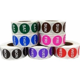 Day of The Week Labels Bulk - 3,500 Total Color Code Stickers - 500 Each of Sun, Mon, Tue, Wed, Thurs, Fri, Sat - Food Rotation Labels