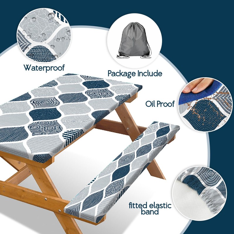 JAWO Blue and Grey Picnic Table Cover with Bench Covers,