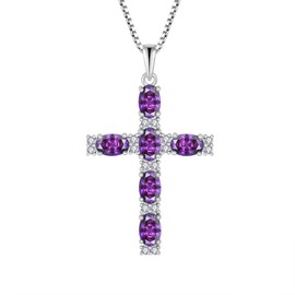 Blaniy Cross Necklace for Women 925 Sterling Silver Religious Pendant Amethyst Necklace Oval Cut February Birthstone Jewelry Gifts for Women