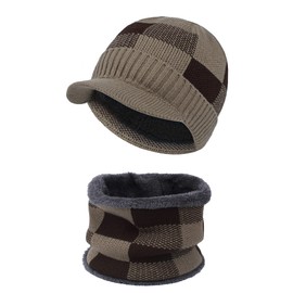 HH HOFNEN Winter Beanie Scarf Set w/Visor for Men Women Warm Thick Hat for Outdoor (Linen)