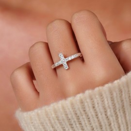 KIFUTENG Cubic Zirconia Cross Rings for Women 925 Sterling Silver Purity Ring Faith Jesus Christian Ring Eternity Band Promise Ring for Her Religious Confirmation Baptism Christmas Gifts, Sterling