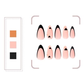 ANDGING Black French Tip Press on Nails Almond Short Medium fake nails for Women Fake Nails with Gold Line Heart Designs Acrylic stick on nail Gel Artificial Manicure False Nails for Wedding